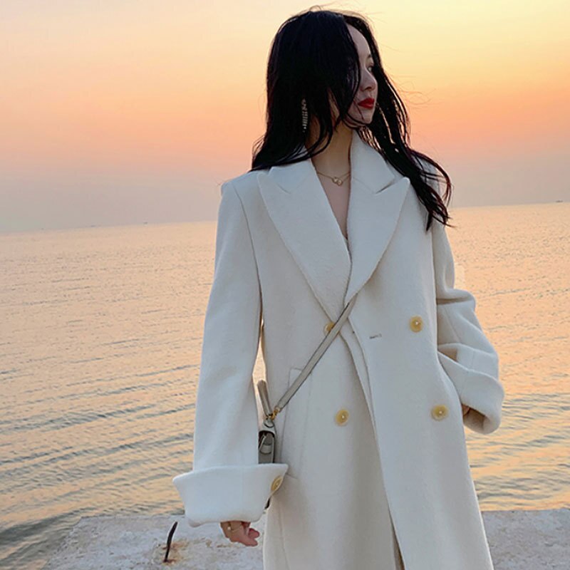 Small Milky White Suli Cashmere Coat Women's Mid-Length 2022 New Women's Clothing Winter Woolen Coat Thickened alpaca coat 3