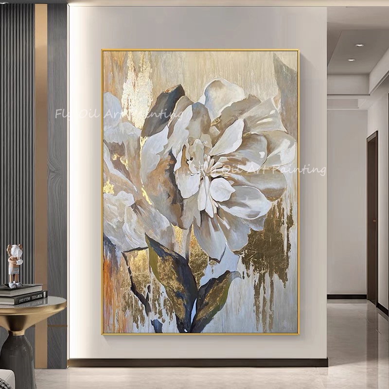 Large Size Modern Abstract 100% Handpainted Gold Foil Flower Brown Canvas Oil Painting For Office Living Room Decoration Gift 1
