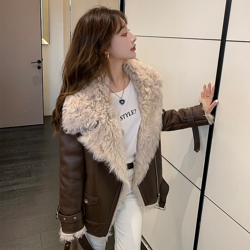 2022 Imported Tuscan Fur Integrated Female Lamb Curly Fur Coat Mid-Length Young Motorcycle Clothing winter jacket for women 3