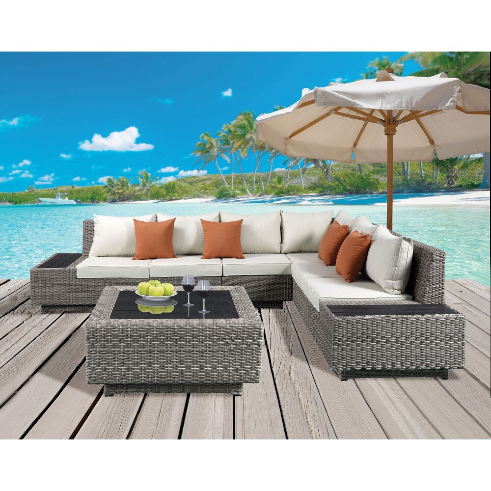 Modern Classic Salena Patio Sectional and Cocktail Table in Beige Fabric Gray Wicker for Garden Yard Home Leisure Furniture