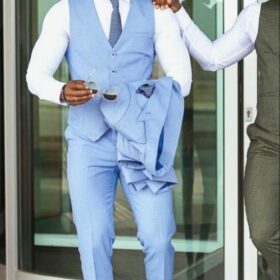 Summer Slim Fit Sky Blue Suits For Men Double Breasted Jacket 3 Piece Costume Homme Casual Blazers Beach Wedding Custom Made 2
