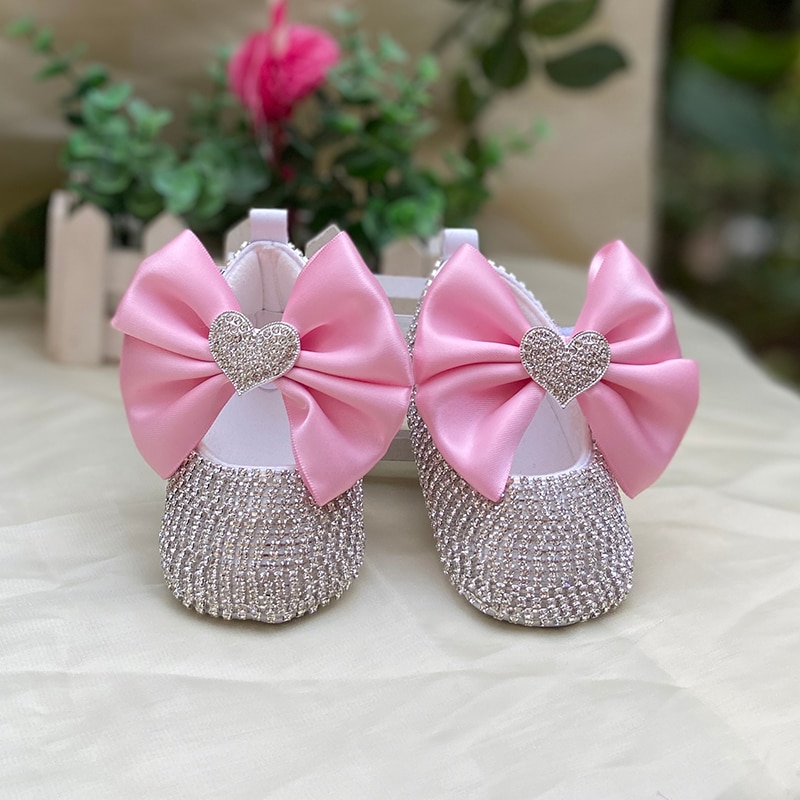 Dollbling Princess Pink Bow Knot Comfortable Soft Sole Baby Girls Casual Diamond Hook and Loop Toddler Shoes 1