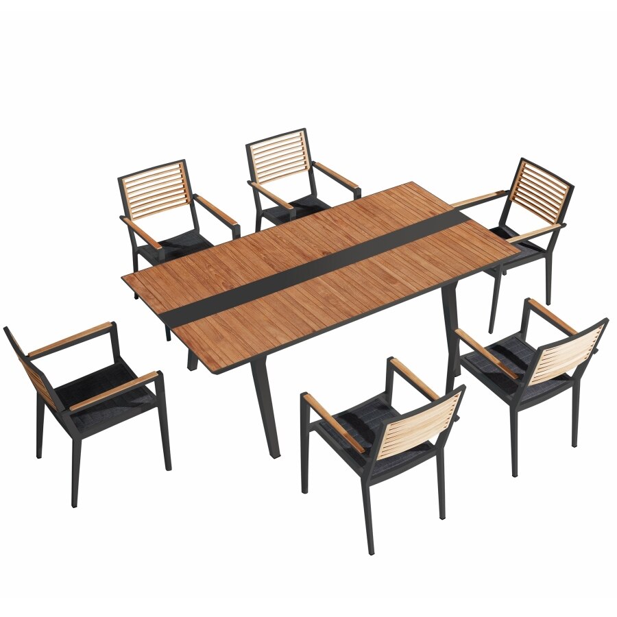 Patio Dining Set, 7 Pieces Outdoor Dining Chairs with Teak Solid Wood Tabletop, Matte Charcoal Aluminum Frame 2