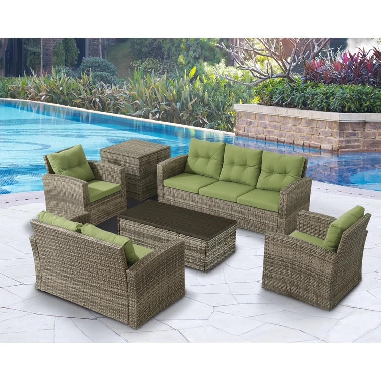 7 Piece Patio Rattan Wicker Outdoor Furniture Conversation Sofa Set with Removeable Cushions and 2 tables