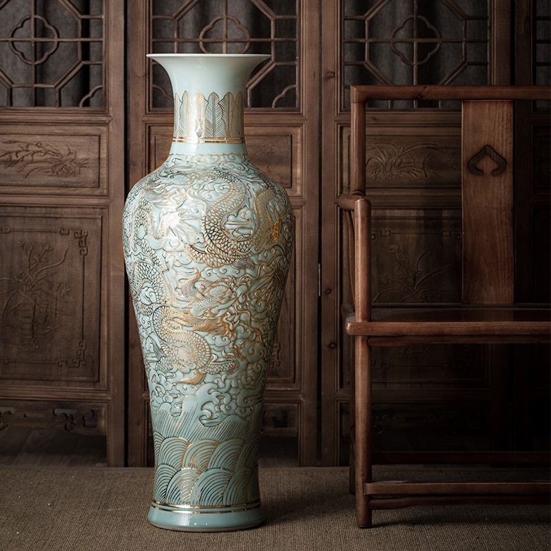 Jingdezhen Ceramics Powder Celadon Glaze Carved Dragon Pattern Light Luxury Gold Painting Large Vase Decoration Living Room 1