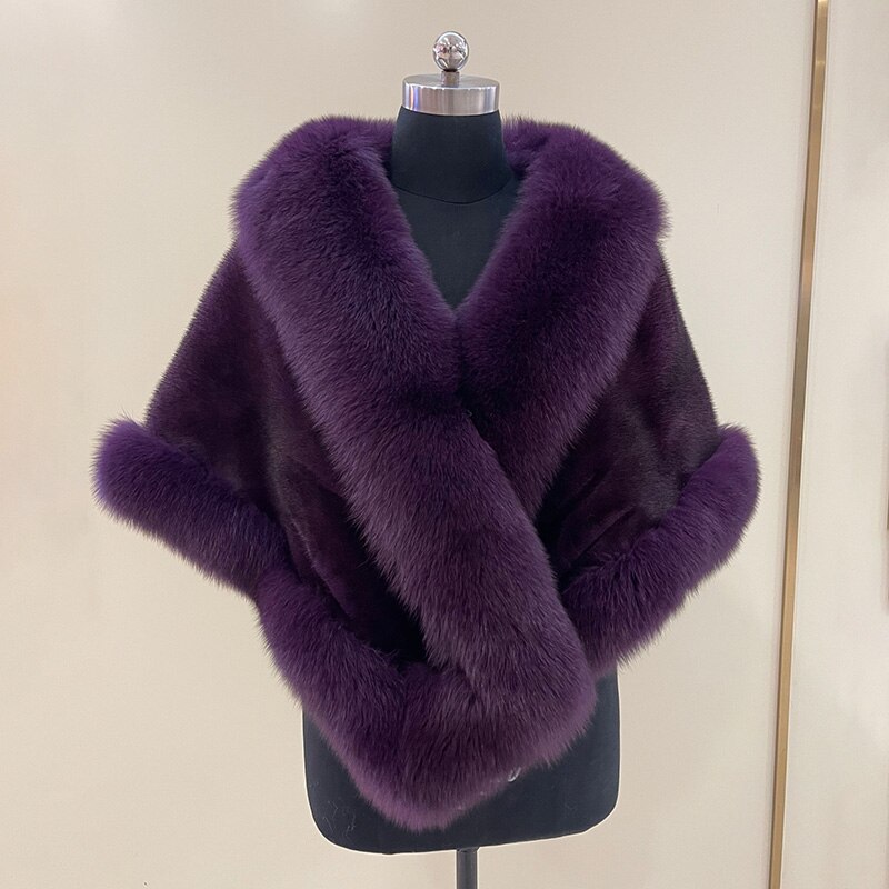 Women's Real Mink Fur Poncho With Genuine Fox Fur Trim Fashion Real Fur Cape Luxury Wedding Shawl Winter Warm Coat S7436 6