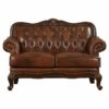 Modern Classic Vintage Design Brown Leather Flared Roll Arm Solid Wood Leg Sofa Lovers 43"H x 64"W x 39"D 1