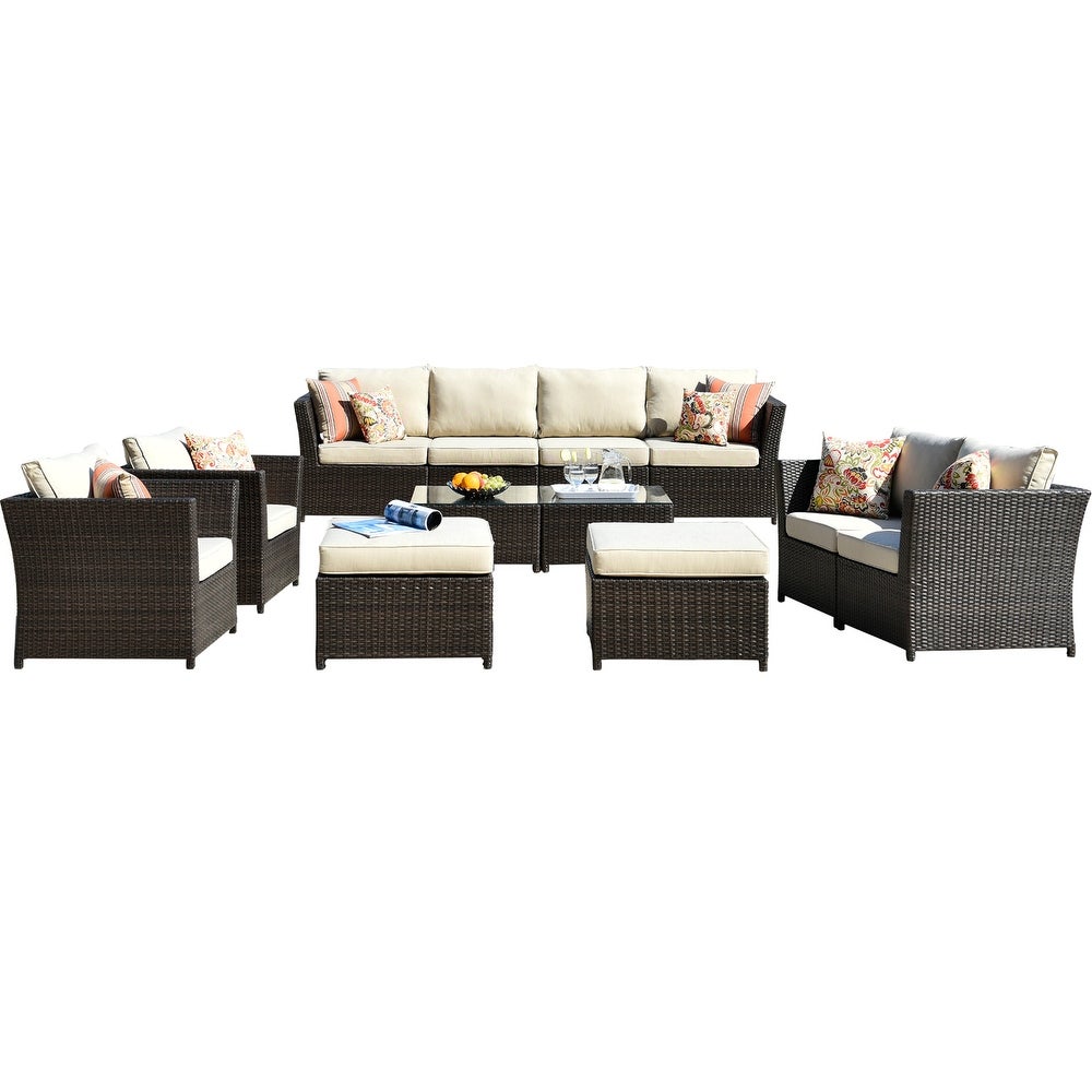 Patio Furniture 12-piece Rattan Wicker Outdoor Sectional Set Modern garden Rattan Furniture with tempered-glass table tops 5