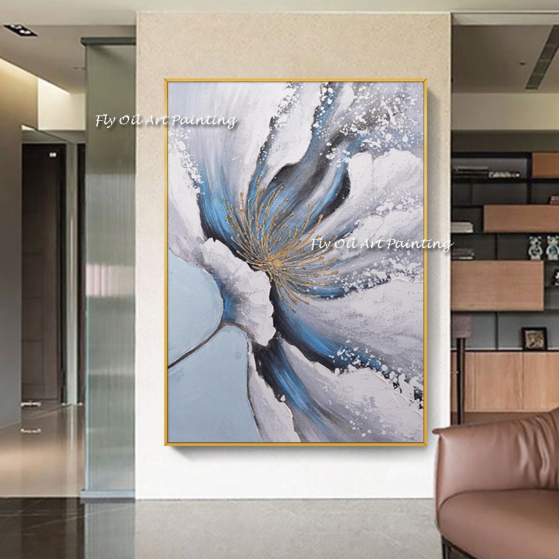 The Hand Painted Large White Flower Gold Abstract Art Oil Painting Wall on Canvas Paintings Plant Picture For Office Decoration 3