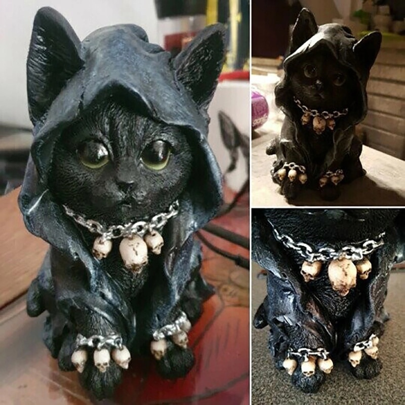 New Cat Statue Witch Grim Reaper Decorative Resin Black Cloak Grim Reaper Feline Micro Decor Garden Home Office 1