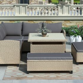 6-Piece Patio Furniture Set Outdoor Wicker Rattan Sectional Sofa With Table And Benches For Backyard Garden Poolside