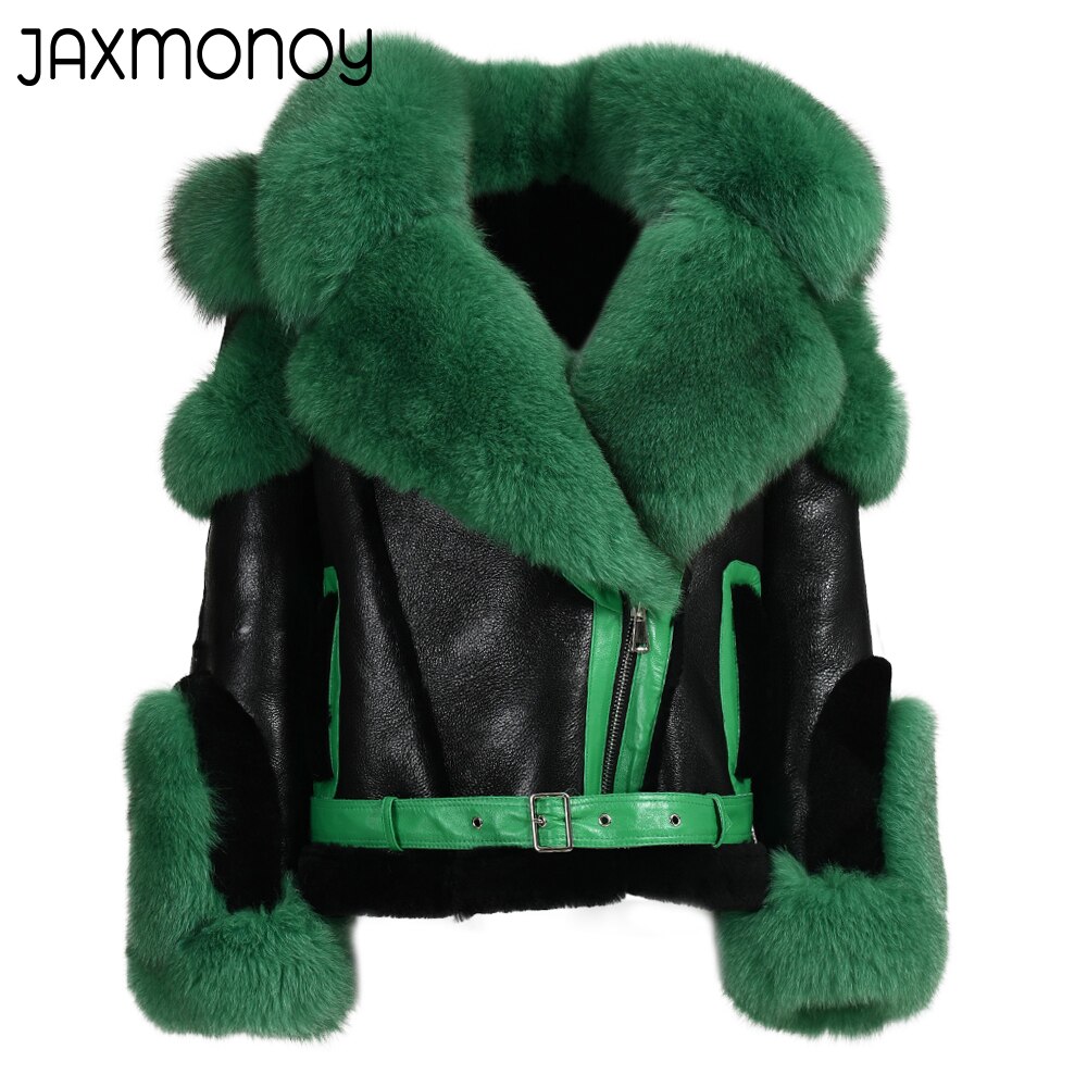 Jaxmonoy Women Shearling Coat Big Real Fox Fur Collar Ladies Sheep Fur Toscany Jacket 2022 New Thick Warm Genuine Leather Jacket 5