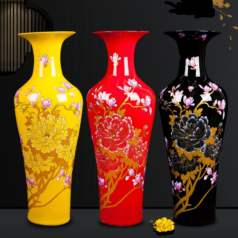 Jingdezhen Ceramics Chinese Red Peony Flower Living Room High-Grade Yellow Black Floor Large Vase New House Decoration Ornaments 4