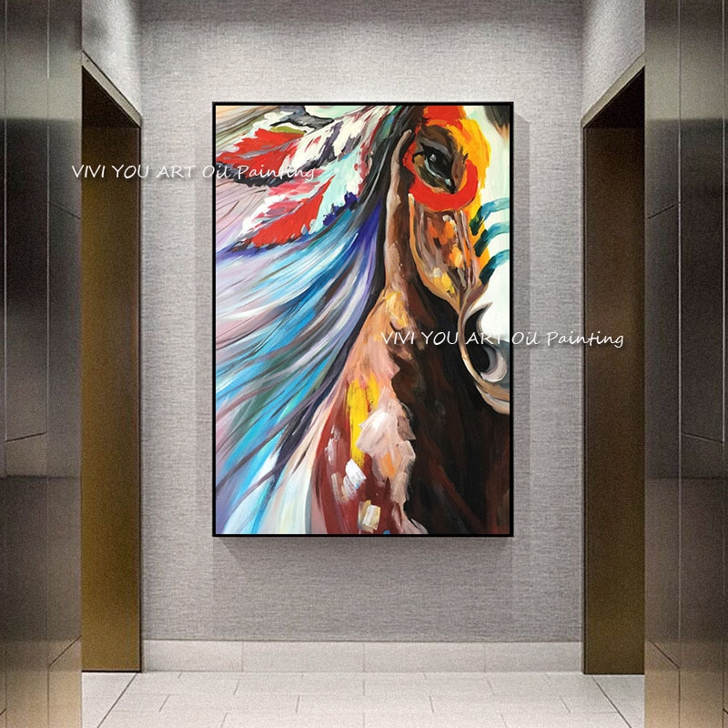 New Handmade Colorful Indian Horse Mural Oil Painting On Canvas Animal Wall Arts Picture For Office Living Room Creative Decor 5