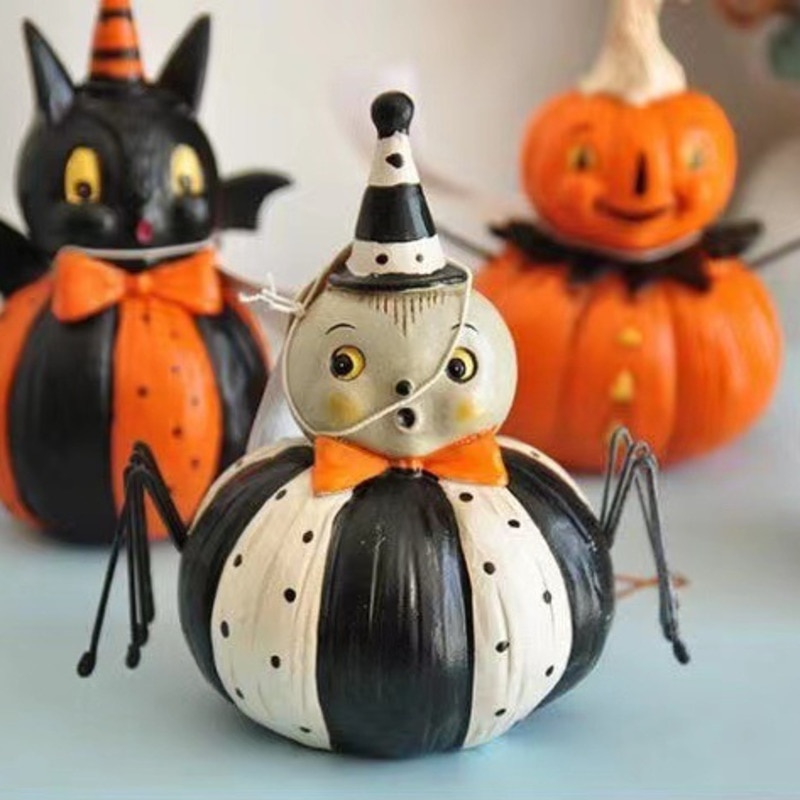 4pcs/set Halloween Pumpkin Statue 11cm Owl Bat Spider Pumpkin Sculpture Ornaments Halloween Gifts Home Decoration 2