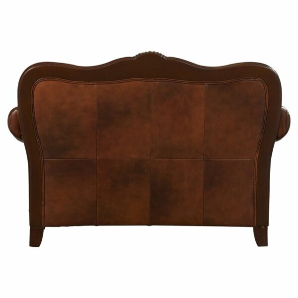 Modern Classic Vintage Design Brown Leather Flared Roll Arm Solid Wood Leg Sofa Lovers 43"H x 64"W x 39"D 4