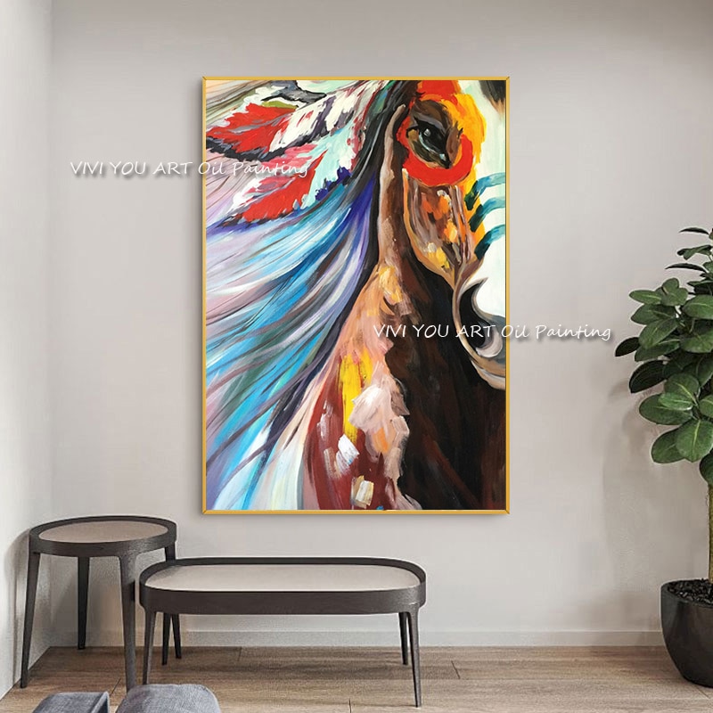New Handmade Colorful Indian Horse Mural Oil Painting On Canvas Animal Wall Arts Picture For Office Living Room Creative Decor 4