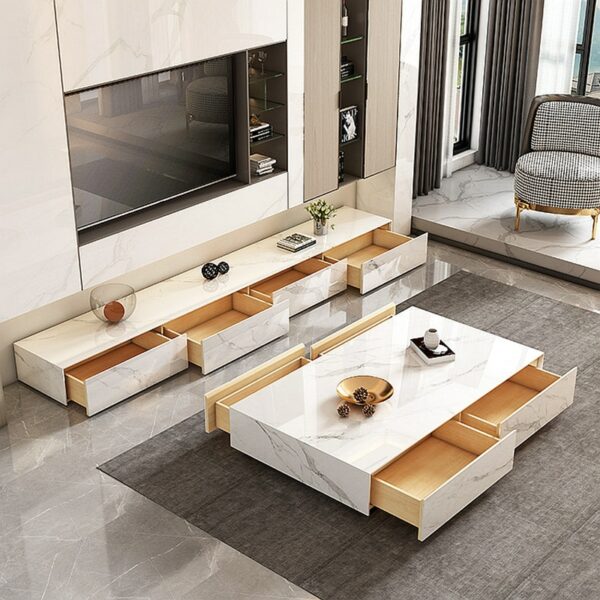 White Luxury Glossy Surface Marble Rock Tea Table TV Cabinet Modern Simple Living Room Household Storage Cabinet Large Tables 2