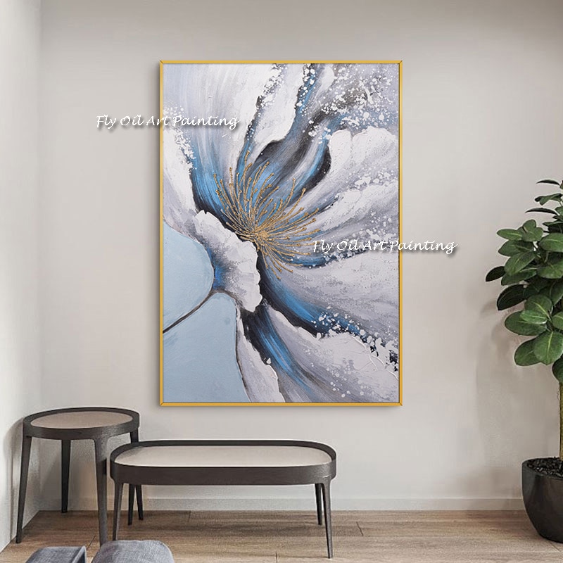 The Hand Painted Large White Flower Gold Abstract Art Oil Painting Wall on Canvas Paintings Plant Picture For Office Decoration 2