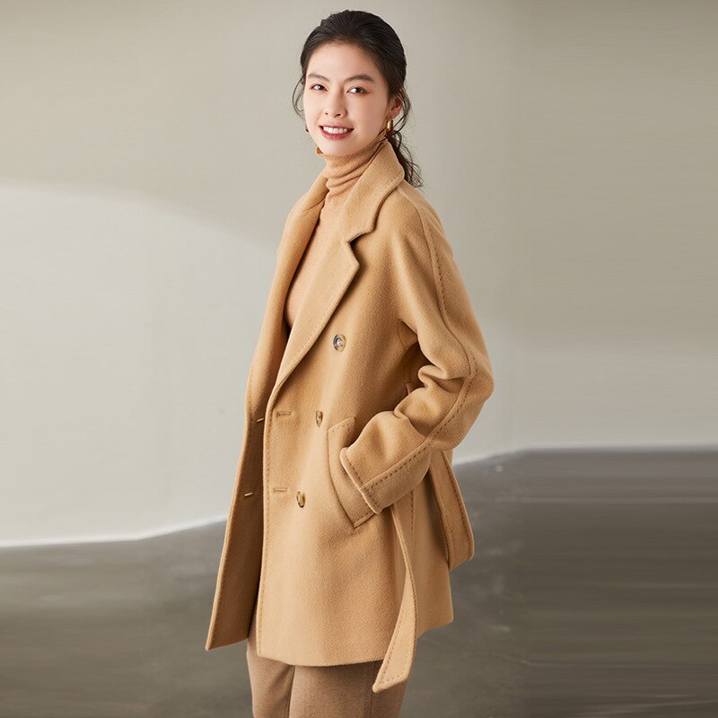 101801 high end women's double-sided cashmere coat winter camel double row button pure wool coat womens winter clothing 2022 3