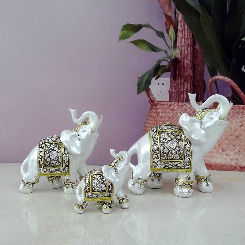 Elephants Statue White Color Resin Good Luck Wealth Lucky Elephant Feng Shui Collectible Ornament for Home Office Decoration 1