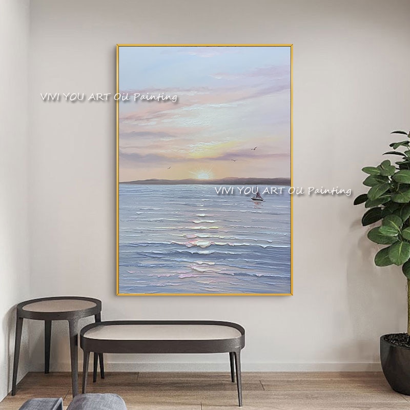 The Special Sunrise View Sea Seascape Hand Painted Oil Paintings on Canvas Abstract Palette Wall Picture for Home Office Decor 3