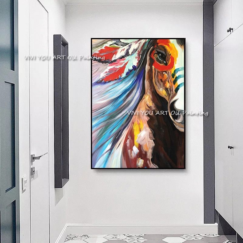 New Handmade Colorful Indian Horse Mural Oil Painting On Canvas Animal Wall Arts Picture For Office Living Room Creative Decor 6