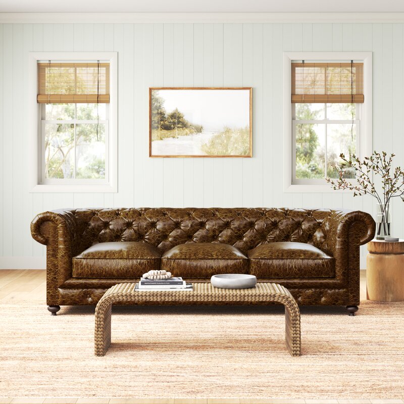 Traditional Classic Vintage Distressed Leather Rolled Arm Arm Sofa 31"H x 98"W x 41"D 3
