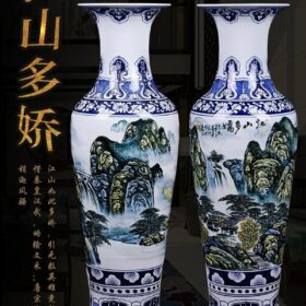 Hand Painted Floor Vase Large Size Fake Antique Blue and White Landscape Jingdezhen Ceramics Living Room House Hotel Decoration 3