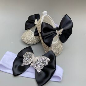 Dollbling New Arrival Bling Silver Butterfly Black Newborn Toddler Crib Shoe Baby Girls Ballerina Flat Shoes with Headband Set 2