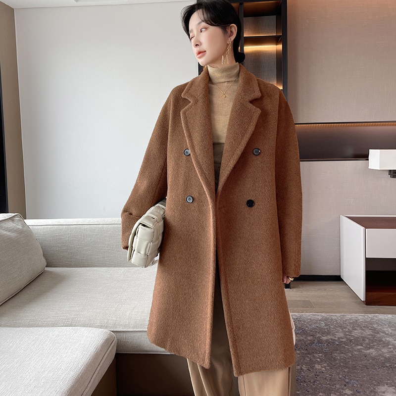 Distinguished [Velveteen Velvet] Coat for Women Alpaca Wool 2022winter New Thick Wool Coat Long Coat Women Wool & Blends 1