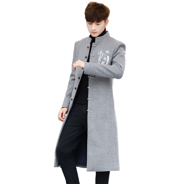 2022 Mens Wool Trench Coat Jackets Autumn Winter Chinese Style Embroidery Woolen Coats Long Windbreaker Steetwear Outwear Tops 5