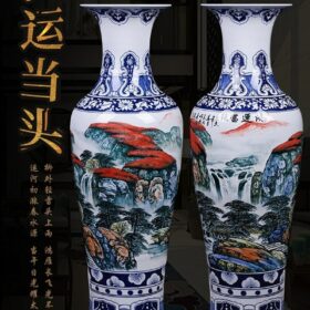Hand Painted Floor Vase Large Size Fake Antique Blue and White Landscape Jingdezhen Ceramics Living Room House Hotel Decoration 2