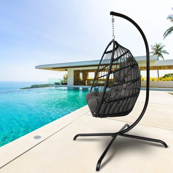 Swing Egg Chair with C-Bracket, Rattan Patio Hanging Basket, Folding Hanging Chair with Cushion and Pillow, Black (In Stock) 2
