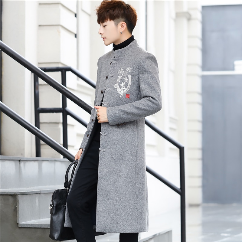 2022 Mens Wool Trench Coat Jackets Autumn Winter Chinese Style Embroidery Woolen Coats Long Windbreaker Steetwear Outwear Tops 4
