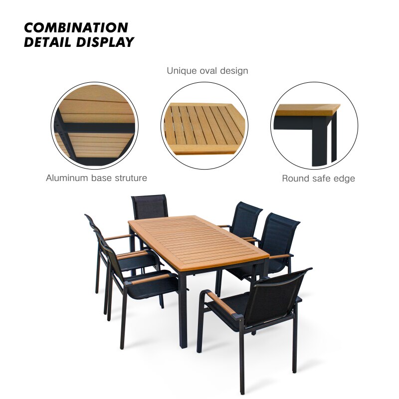 7 Piece Outdoor Cutlery Set, Faux Wood Top Dining Table and 6 Arm Dining Chairs 3