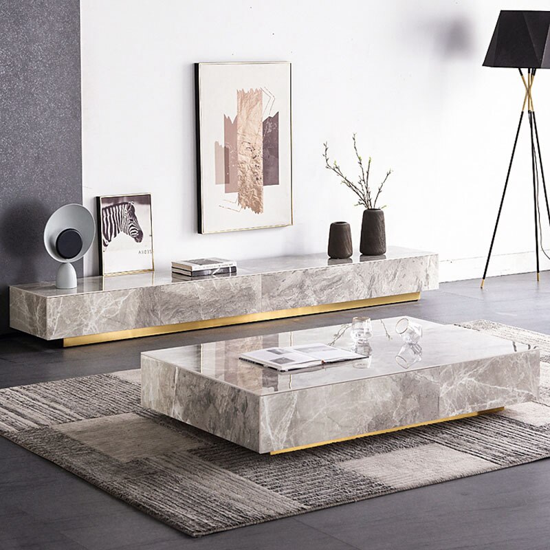 Italian Luxury Glossy Surface Marble Rock Tea Table TV Cabinet Modern Simple Living Room Household Storage Cabinet Large Tables 2