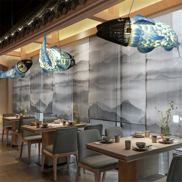 Modern Wooden Big Fish Pendant Lights Chinese Style Bamboo Light Fixture Creative Restaurant Chandeliers Living Room Decor Lamps 6