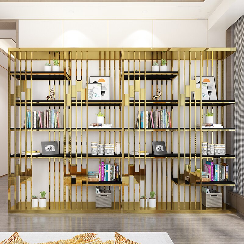 Light luxury modern stainless steel bookshelf study bookcase simple storage shelf living room display shelf 3
