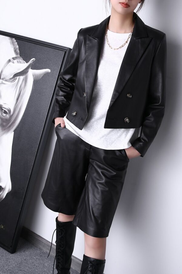 Two Piece Pants Suits Women Harajuku Genuine Leather Pockets Short Jacket Female Lambskin Handsome White Midi Long Shorts Sets 3