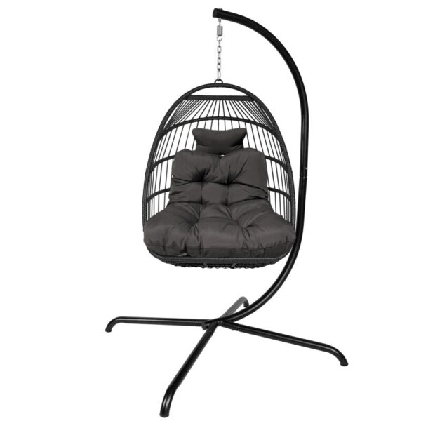 Swing Egg Chair with C-Bracket, Rattan Patio Hanging Basket, Folding Hanging Chair with Cushion and Pillow, Black (In Stock) 3