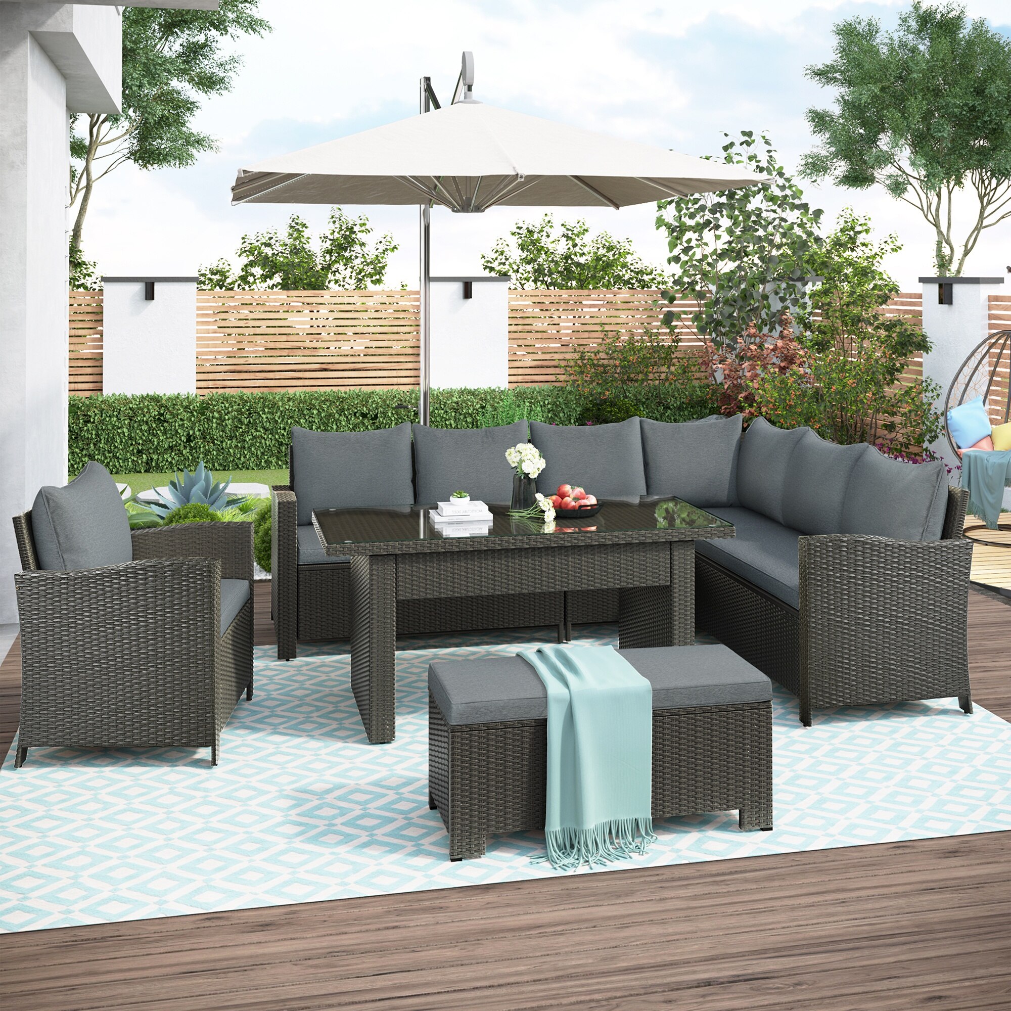 Outdoor Furniture Garden SofasPatio Furniture Set 6 Piece Outdoor Conversation Set Dining Table Chair With Bench And Cushions