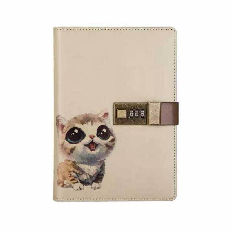 A5 Password Notebook Cat Pattern Cute Thing with Lock Hand Book Diary PU Leather Notepad School Student Supplies Gift 4