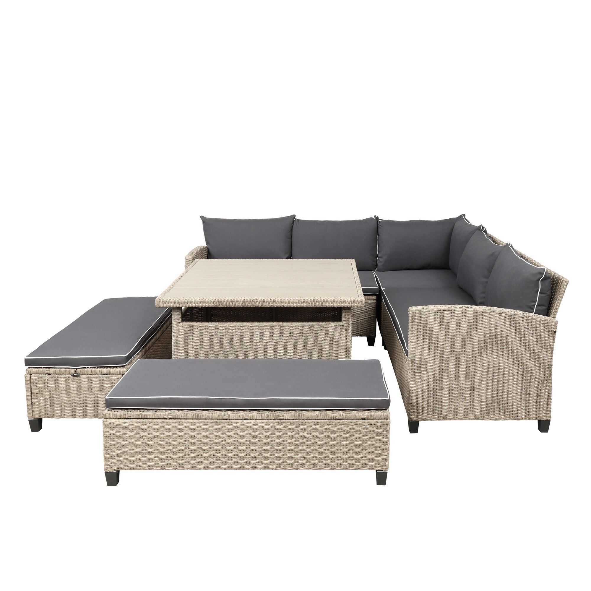 6-Piece Patio Furniture Set Outdoor Wicker Rattan Sectional Sofa With Table And Benches For Backyard Garden Poolside 2