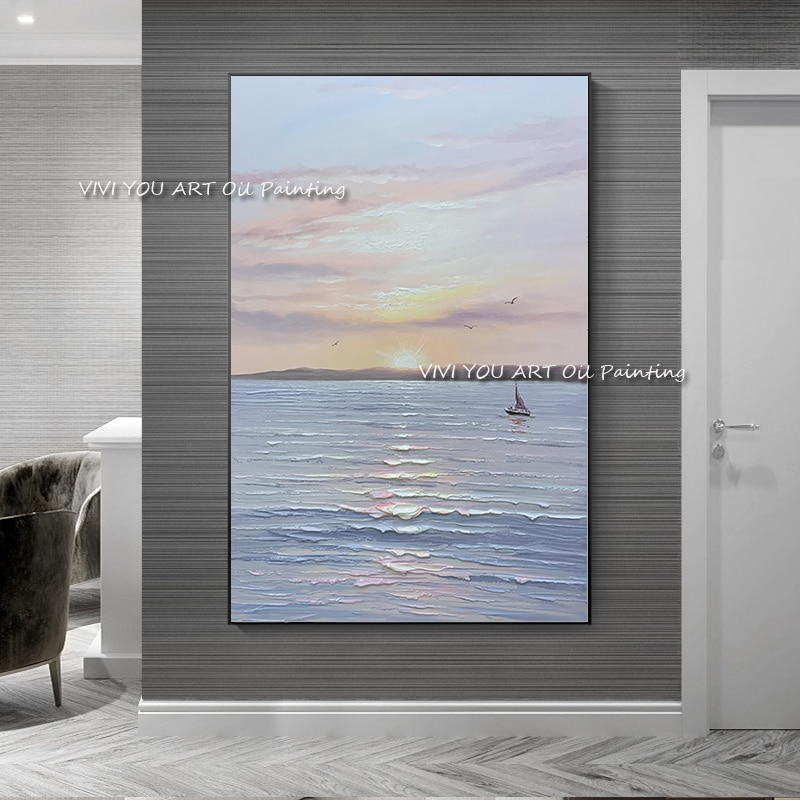 The Special Sunrise View Sea Seascape Hand Painted Oil Paintings on Canvas Abstract Palette Wall Picture for Home Office Decor 1