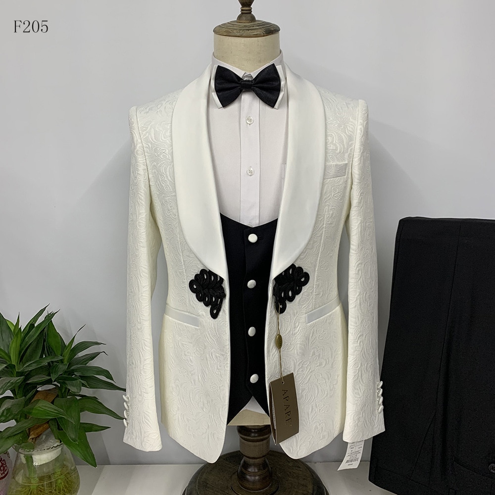 3 Pcs Set Suit Coat Pants Vest / 2022 New Men's Casual Dark Pattern Wedding Banquet Host Dress Blazers Jacket Trousers Waistcoat 1