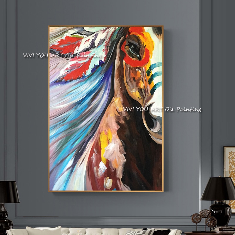New Handmade Colorful Indian Horse Mural Oil Painting On Canvas Animal Wall Arts Picture For Office Living Room Creative Decor 1