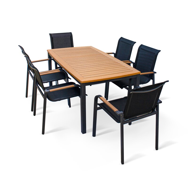 7 Piece Outdoor Cutlery Set, Faux Wood Top Dining Table and 6 Arm Dining Chairs 2