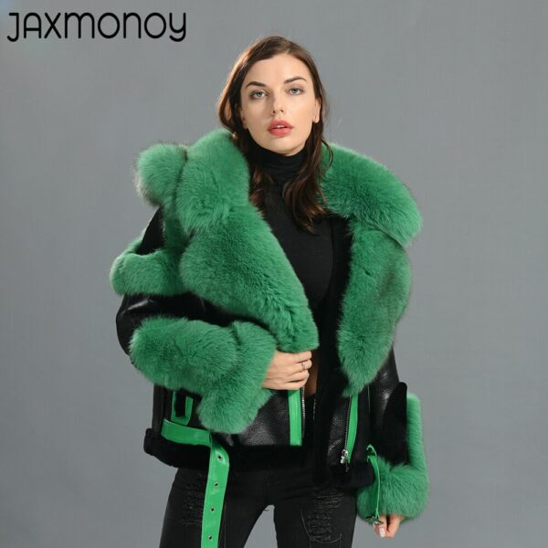 Jaxmonoy Women Shearling Coat Big Real Fox Fur Collar Ladies Sheep Fur Toscany Jacket 2022 New Thick Warm Genuine Leather Jacket 2