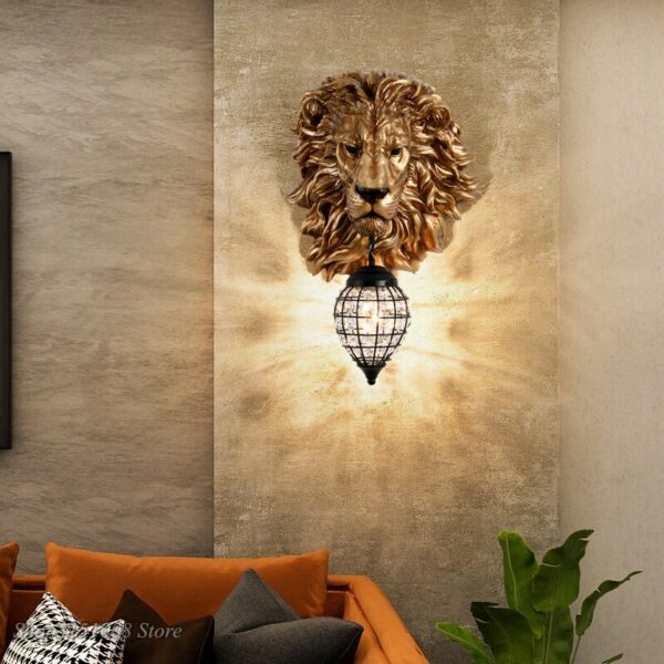 Nordic Black Gold Lion Wall Lights Animal Lion Head Resin Art Wall Lamp Luxury Decor Kitchen Wall Sconce Bedroom Indoor Lighting 3